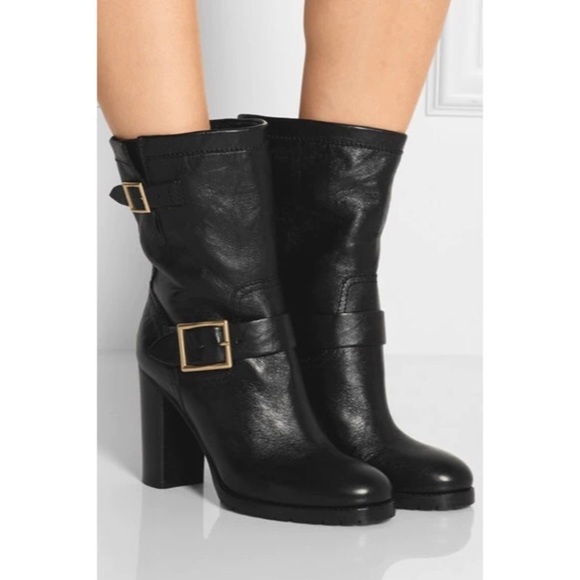Jimmy Choo Dart Biker Black Leather Moto Combat Mid-Calf Buckle Bootie - Picture 1 of 16